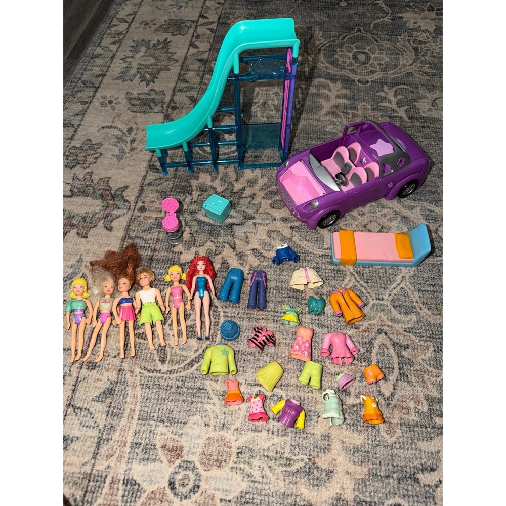 Polly Pocket Vintage Rubber Clothing Doll Bundle with Accessories Car Slide Bed